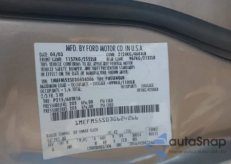 2003 Mercury Sable Ls Premium from USA, damaged, VIN 1MEFM55S03G624266